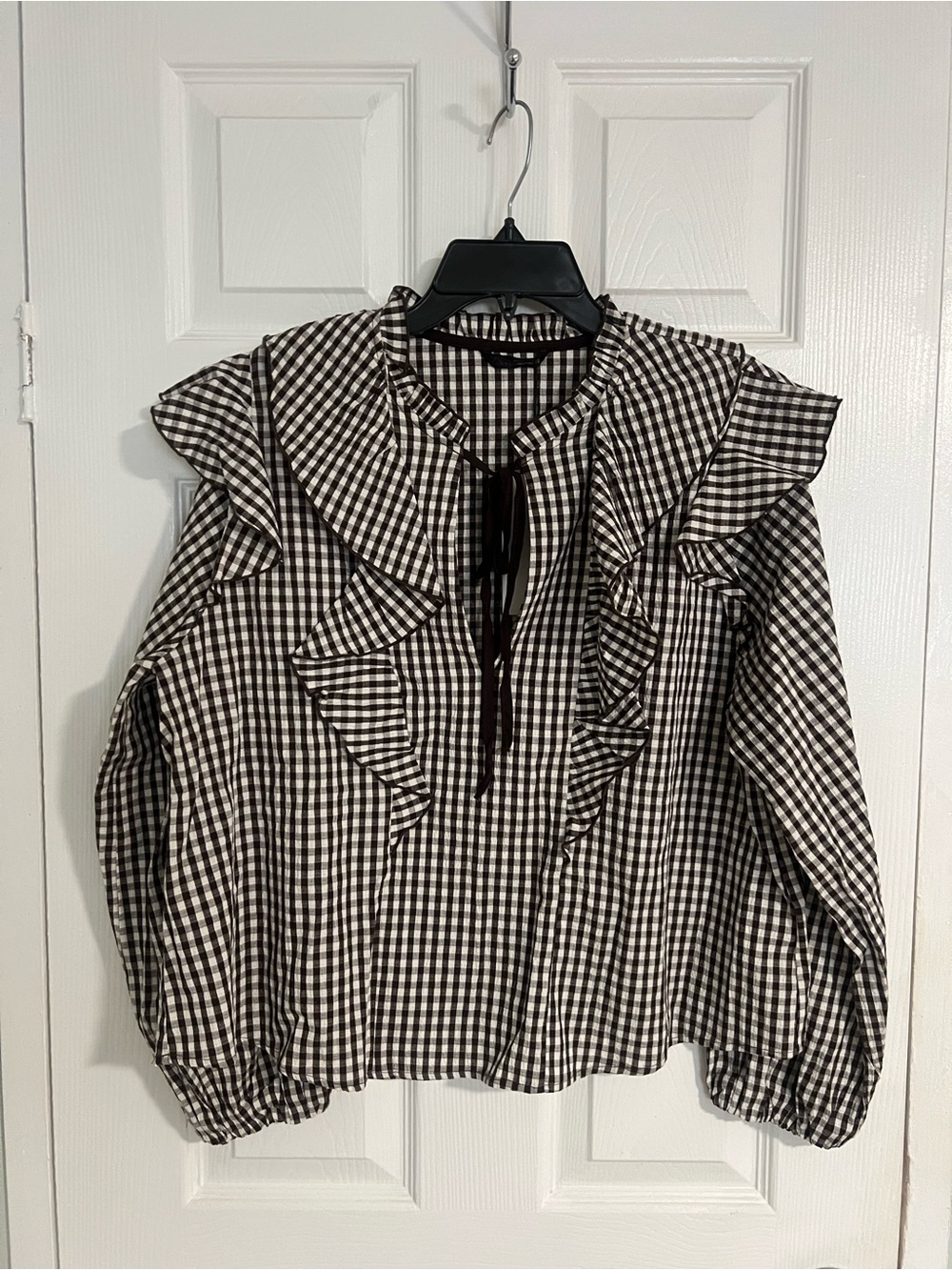 Zara brown & white Gingham Tie-Neck Ruffle Top